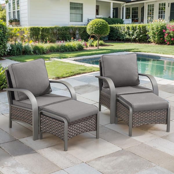 Opohoro ArcMetal 4-Piece Brown Wicker Outdoor Lounge Chairs Patio Armchairs with Gray Cushions and Ottomans