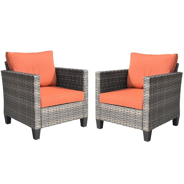 OVIOS New Vultros Gray 2-Piece Wicker Outdoor Lounge Chair with Orange Red Cushions