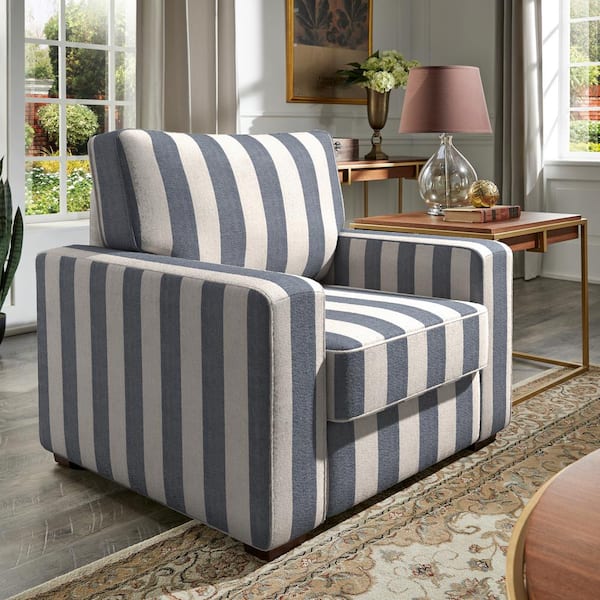 Blue and White Strip Pattern Fabric Upholstered Square Arm Sofa