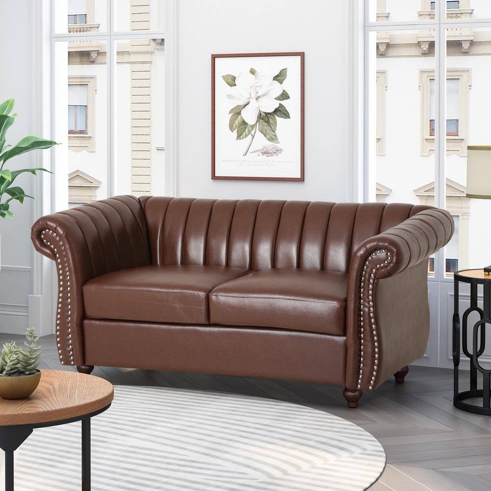Elegant Dark Brown Faux Leather Loveseat with Espresso Wood Accents