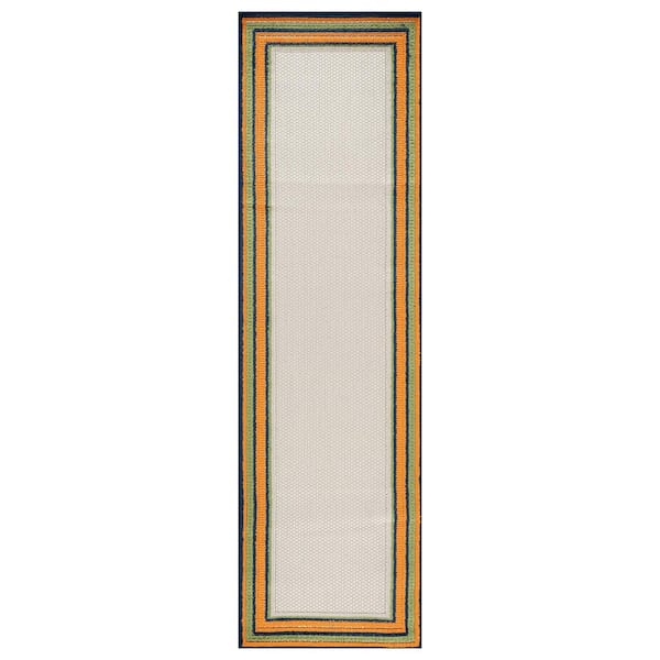 Coastal Border Design Indoor/Outdoor High-Low Textured, Coastal Border, Easy-Clean Patio 2 ft. x 7 ft. Multi Area Rug