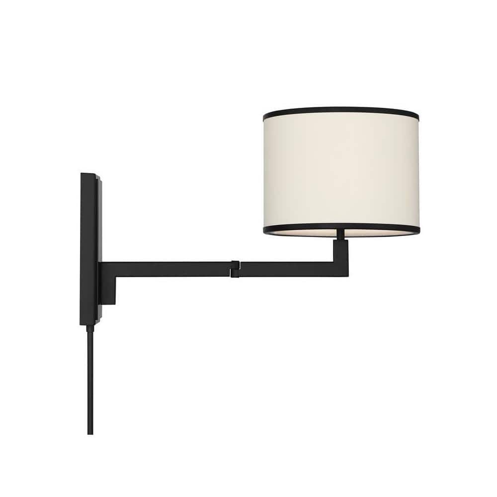 Matte Black Iron Swing Arm Wall Sconce with Silk Shade