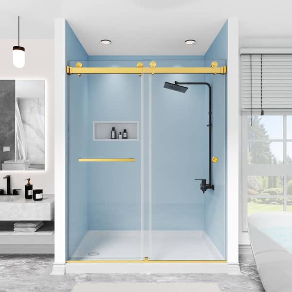 56-61 in. W x 76 in. H Double Sliding Frameless Shower Door in Brushed Gold with 3/8 in. Clear SGCC Tempered Glass