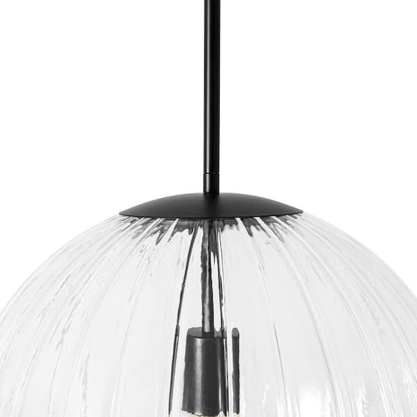 Aero Globe 15 in. 1-Light Matte Black Moderne Adjustable Height Pendant with Clear Ribbed Glass Shade