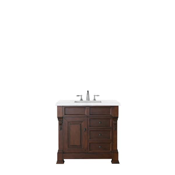 James Martin Vanities Brookfield 36 in. W x 23.5 in. D x 34.3 in. H Bathroom Vanity in Warm Cherry with Solid Surface Top in Arctic Fall