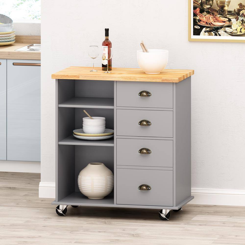 Contemporary Rectangular Kitchen Cart with Natural Wood Finish and Storage