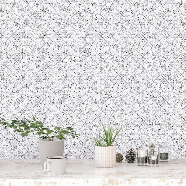 Bazaar Collection Navy/White Glitter/Shimmer Tangier Tile Non-WOven Paper Non-Pasted Wallpaper Roll (Covers 57 sq. ft.)