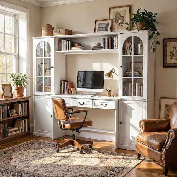 98.4 in. W A-Shape Bridge Bookcase Rectangle White Wood 3-Drawer Computer Desk, Writing Desk with 11-Bookshelf, 3-Drawer