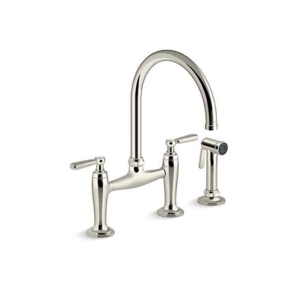 KOHLER Edalyn By Studio McGee 2-Handle 2-Hole Bridge Kitchen Faucet with Side Sprayer in Vibrant Polished Nickel