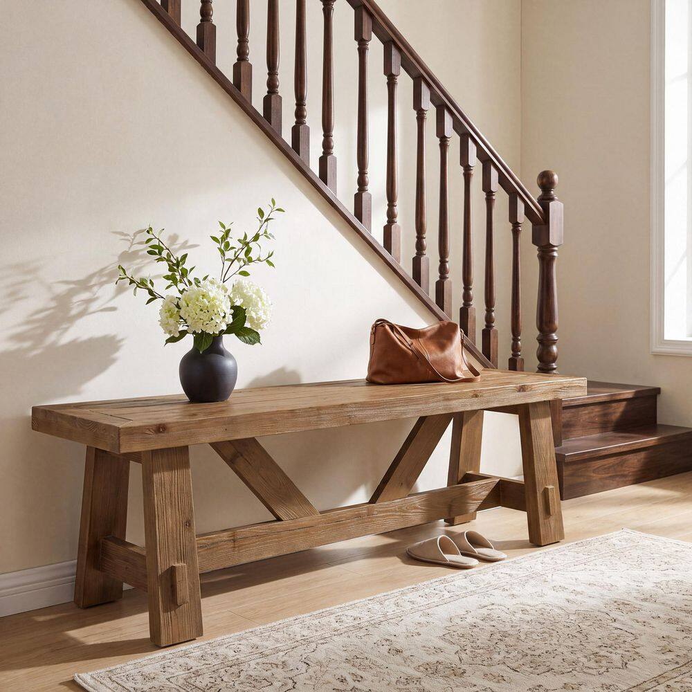Brown 55.12 in. Solid Wood Entryway Bench, Farmhouse Shoe Bench for Entry, Hallway, Bedroom