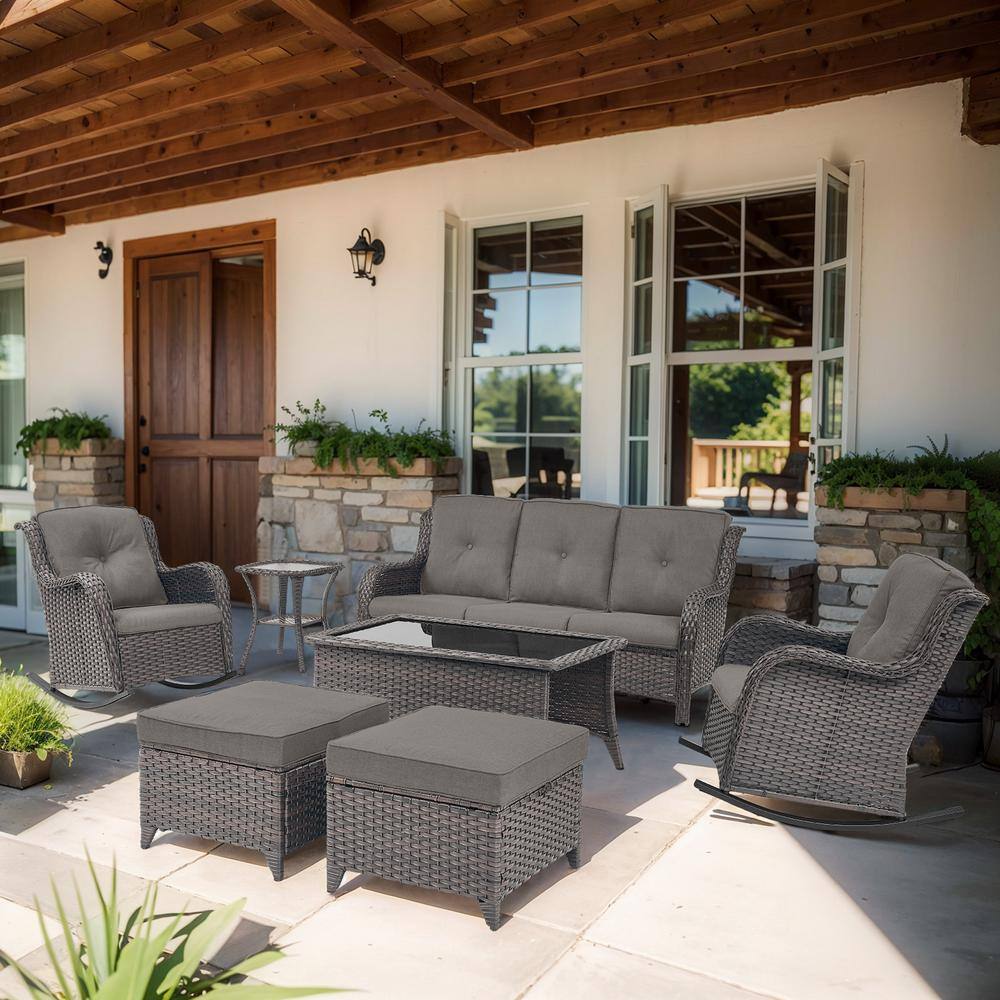 ArcoBay 7-Piece Brown Wicker Outdoor Rocking Swivel Chairs Patio Conversation Set with Gray Cushions and 3-Seat Sofa price history on PriceWatchPro