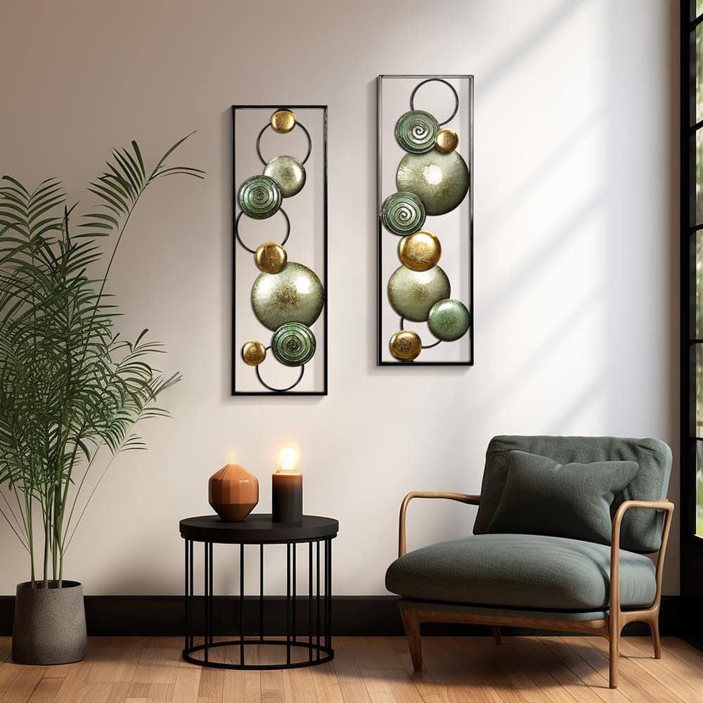 Green and Gold Metal Circles Wall Sculpture Set