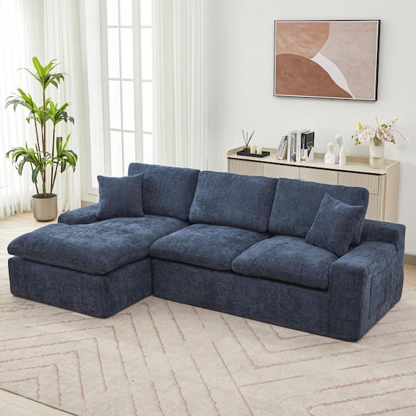 107.9 in. W Chenille Sectional Sofa in Blue with Double-layer Cushion and Side Pockets,Compressed and No Assembly