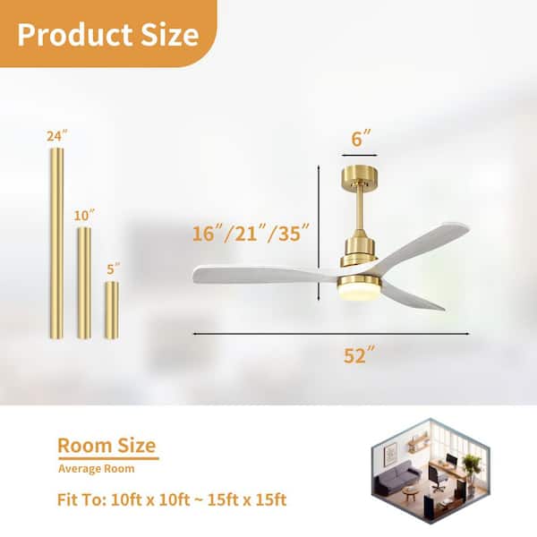 52 in. Integrated LED Indoor Gold Downrod Standard Ceiling Fan with Oak Blades, Dimmable Light,Remote,DC Motor