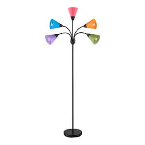 67 in. 5-Light Black Gooseneck Floor Lamp with Multi-Color Acrylic Shades