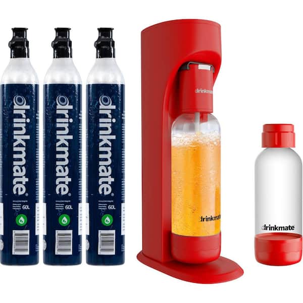 DrinkMate Royal Red Sparkling Water, Soda Maker Machine Ultimate Bundle with 3 ea 60L CO2 Cartridge, 1L and 0.5L Re-Usable Bottles
