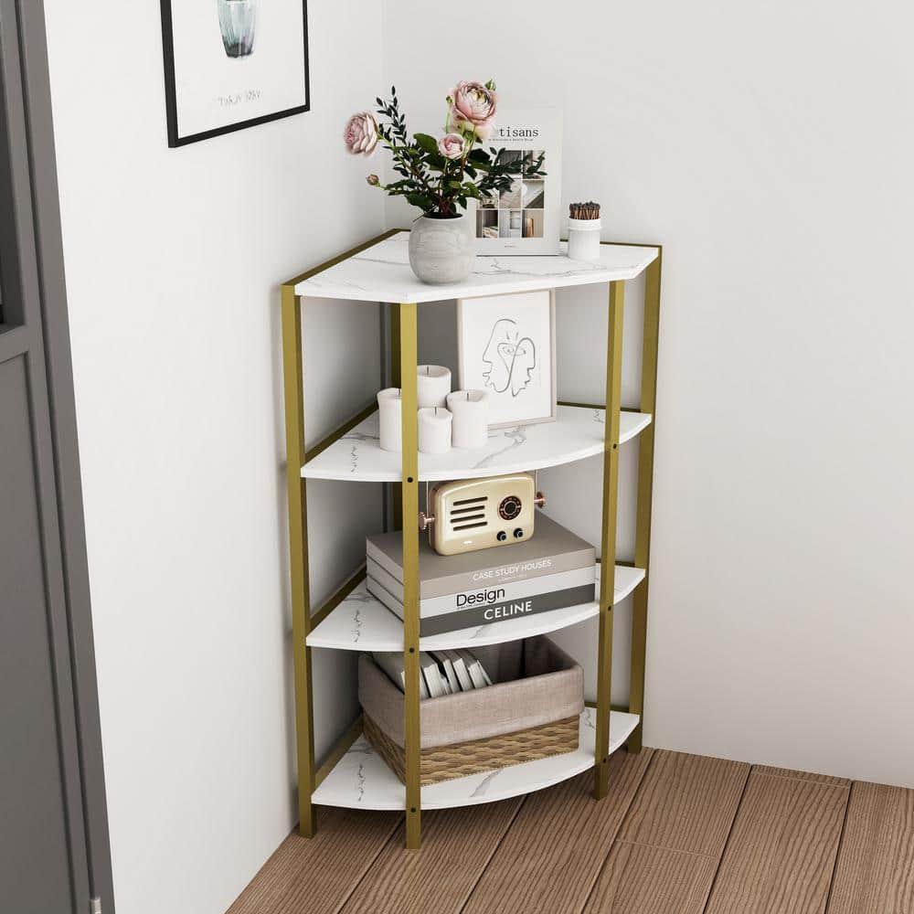 22 in. Marble Half-Circle Wood End Table 4-Tier Corner Open Shelf Freestand