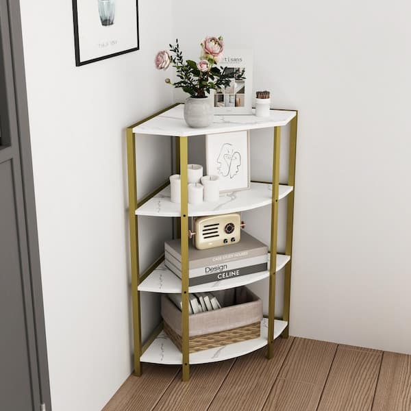 Unbranded 22 in. Marble Half-Circle Wood End Table 4-Tier Corner Open Shelf Freestanding Shelving Unit Plant Stand Small Bookshelf