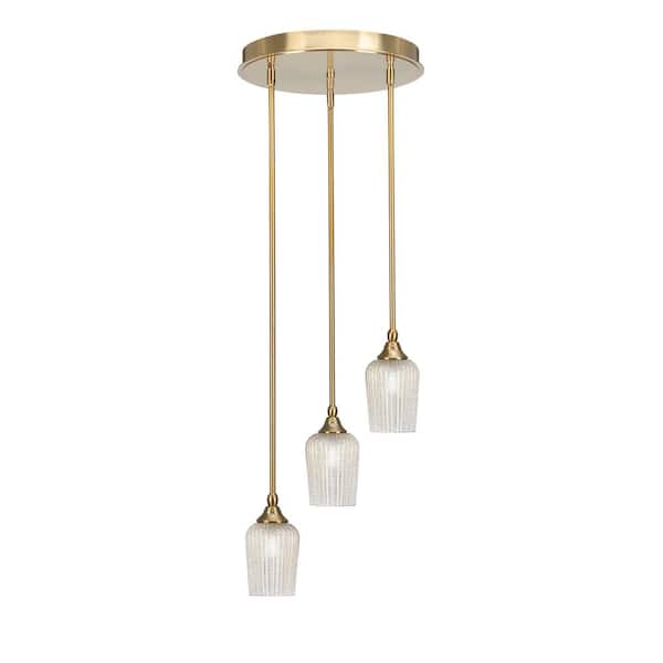 Unbranded Villa 60-Watt in. 3 Light New Age Brass Stem Pendant Light with 5 in. Silver Textured Glass Shade, No bulbs included