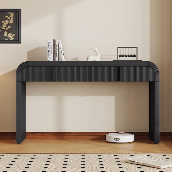 55 in. Black Rectangle MDF Modern Fluted Console Table with 2-Drawers, Rounded Entryway Table