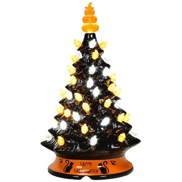 Gymax 15 in. Pre-Lit Hand-Painted Ceramic Halloween Tree Tabletop Xmas Decor