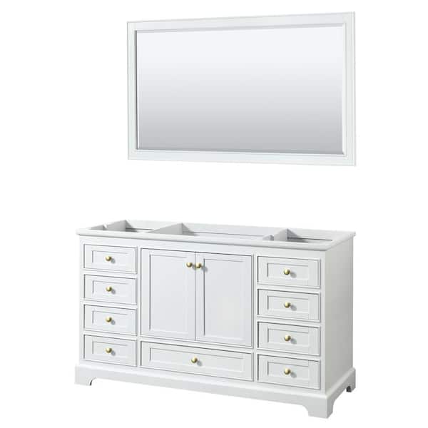 Wyndham Collection Deborah 59.25 in. W x 21.5 in. D x 34.25 in. H Bath Vanity Cabinet without Top in White with Gold Trim & 58 in. Mirror
