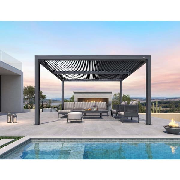 PURPLE LEAF 11 ft. x 13 ft. Gray Louvered Pergola Outdoor Aluminum Pergola with Adjustable Roof for Deck Backyard Hardtop Gazebo