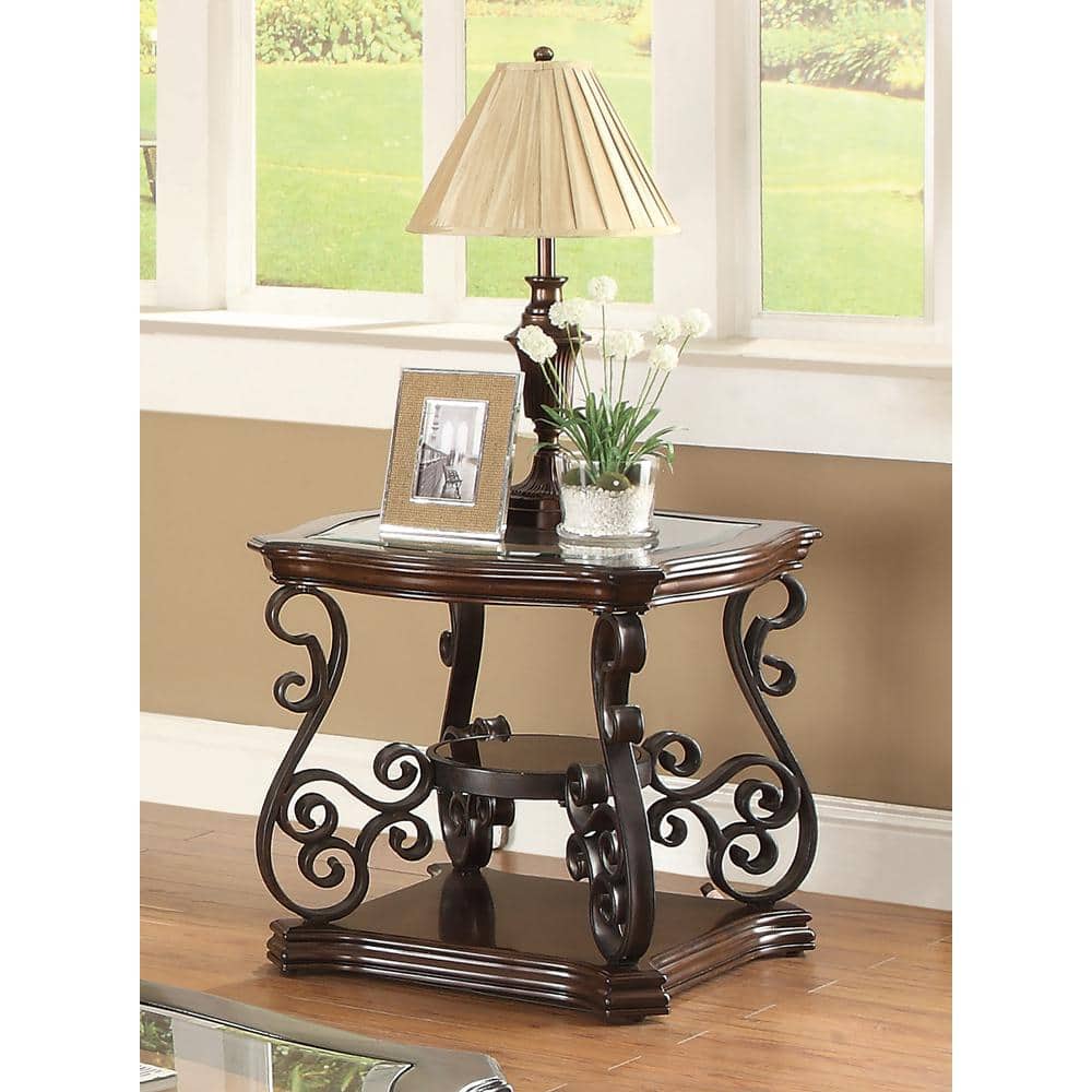 Elegance Merlot 26" Square Wood and Metal End Table with Glass Top