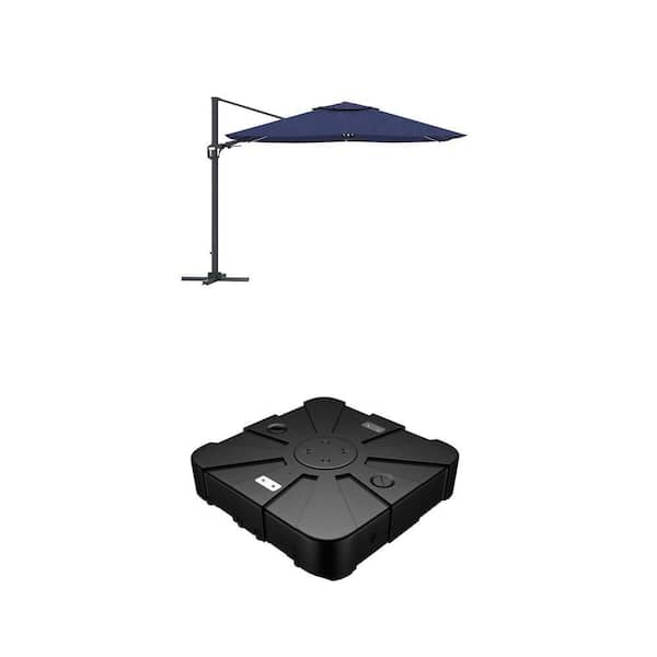 11 ft. Square Cantilever Patio Umbrella with LED Light and Mobile HDPE Umbrella Base Combo