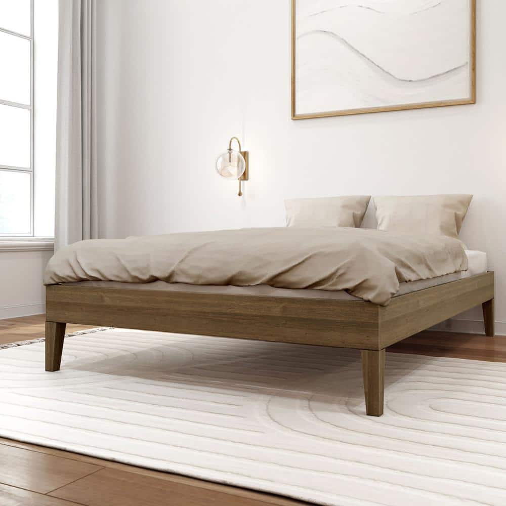 Walnut Full Size Solid Pine Platform Bed Frame with Slats