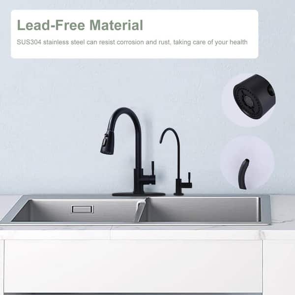 Single Handle Pull Down Sprayer Kitchen Faucet with Drinking Water Faucet in Stainless Steel Matte Black