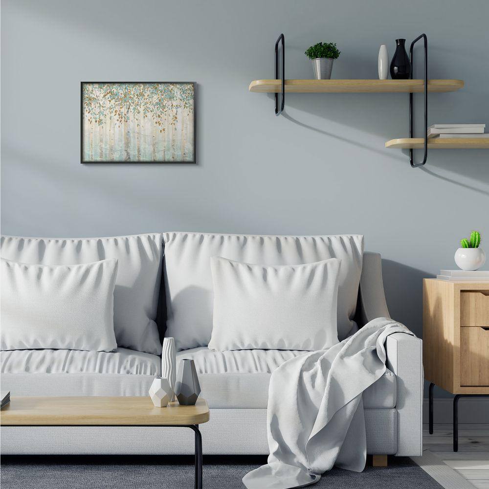 Abstract Forest Leaves Blue Tan Canvas Print with Black Frame