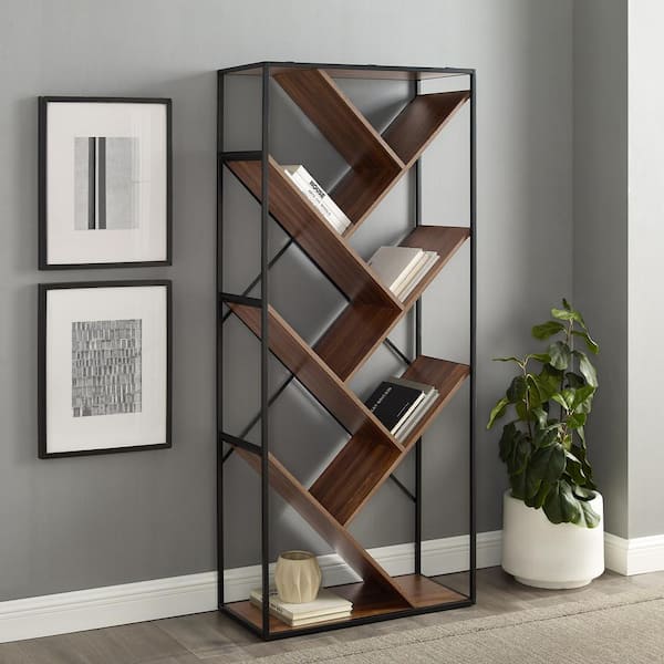Welwick Designs 68 In Dark Walnut Wood, Angled Shelves Bookcase