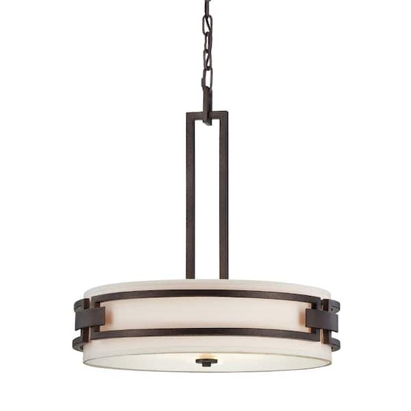 Designers Fountain Del Ray 100-Watt 3-Light Mid-Century Modern Flemish Bronze Pendant with White Fabric Shade
