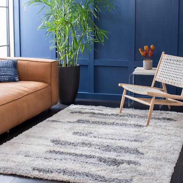 Fontana Shag 4 ft. x 4 ft. Gray/Ivory Geometric Striped Square Area Rug