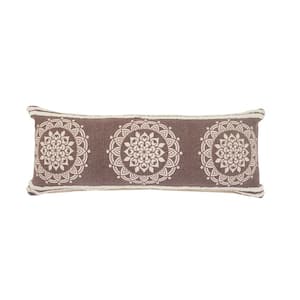 Hickory Brown / White Floral Medallion Stripe Border Poly-Fill 36 in. x14 in. Lumbar Throw Pillow