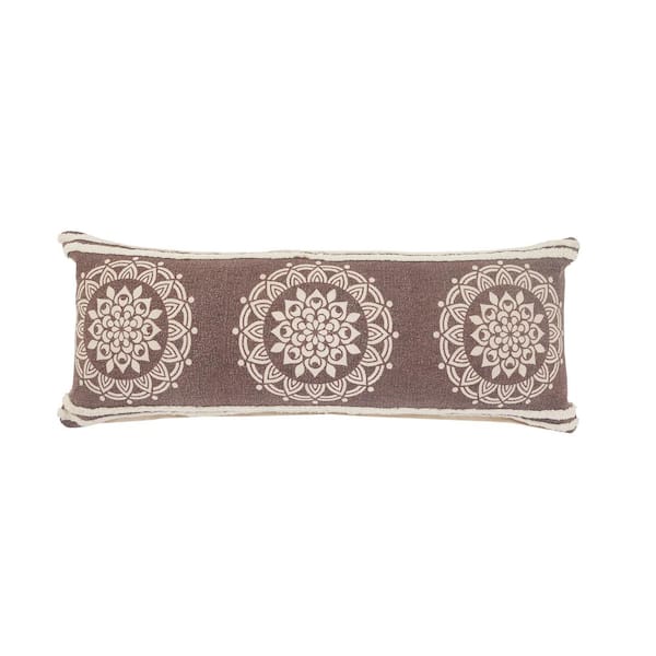 Unbranded Hickory Brown / White Floral Medallion Stripe Border Poly-Fill 36 in. x14 in. Lumbar Indoor Throw Pillow