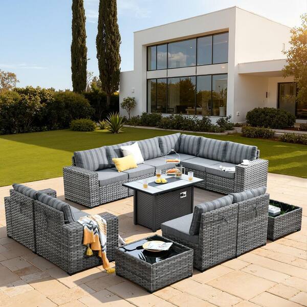 Baldwin Gray 13-Piece Wicker Wide Arm Outdoor Patio Sofa Sectional Set with Metal Fire Pit and Gray Striped Cushions