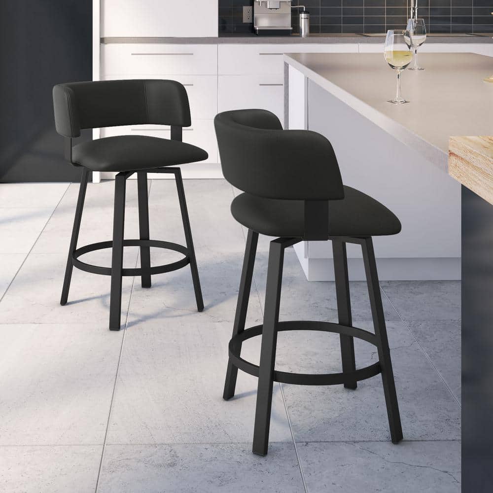Textured Black Metal Swivel Counter Stool with Faux Leather Seat