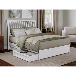 Roslyn White Solid Wood Frame Queen Platform Bed with Panel Footboard and Storage Drawers