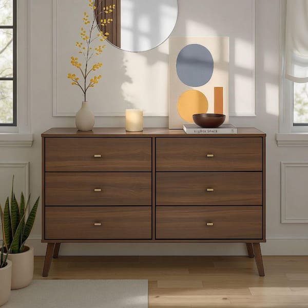 Prepac Milo Mid Century Modern Cherry 6-Drawer 52.5 in. Dresser
