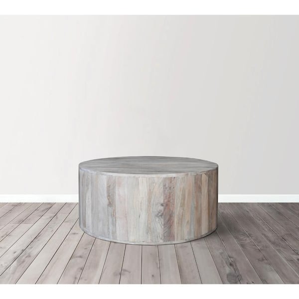 36 in. White Round Wood Coffee Table with Grain Details