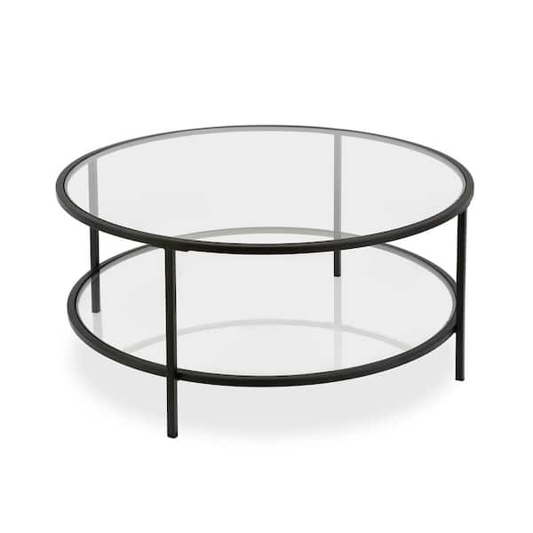 Meyer Cross Orwell 36 In Blackened, Round Glass Top Coffee Table With Shelf