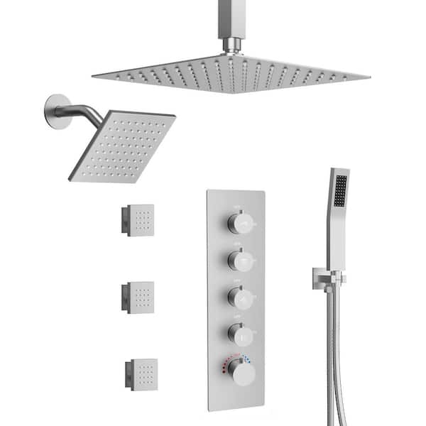 5-Handles Thermostatic Valve 15-Spray 2. 5GPM Ceiling Mount Dual Shower Head and Handheld Shower in Brushed Nickel