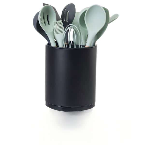 Stainless Steel Kitchen Utensil Holder, 360° Rotating Flatware Spoon Spatula Tool Cutlery Container, Black