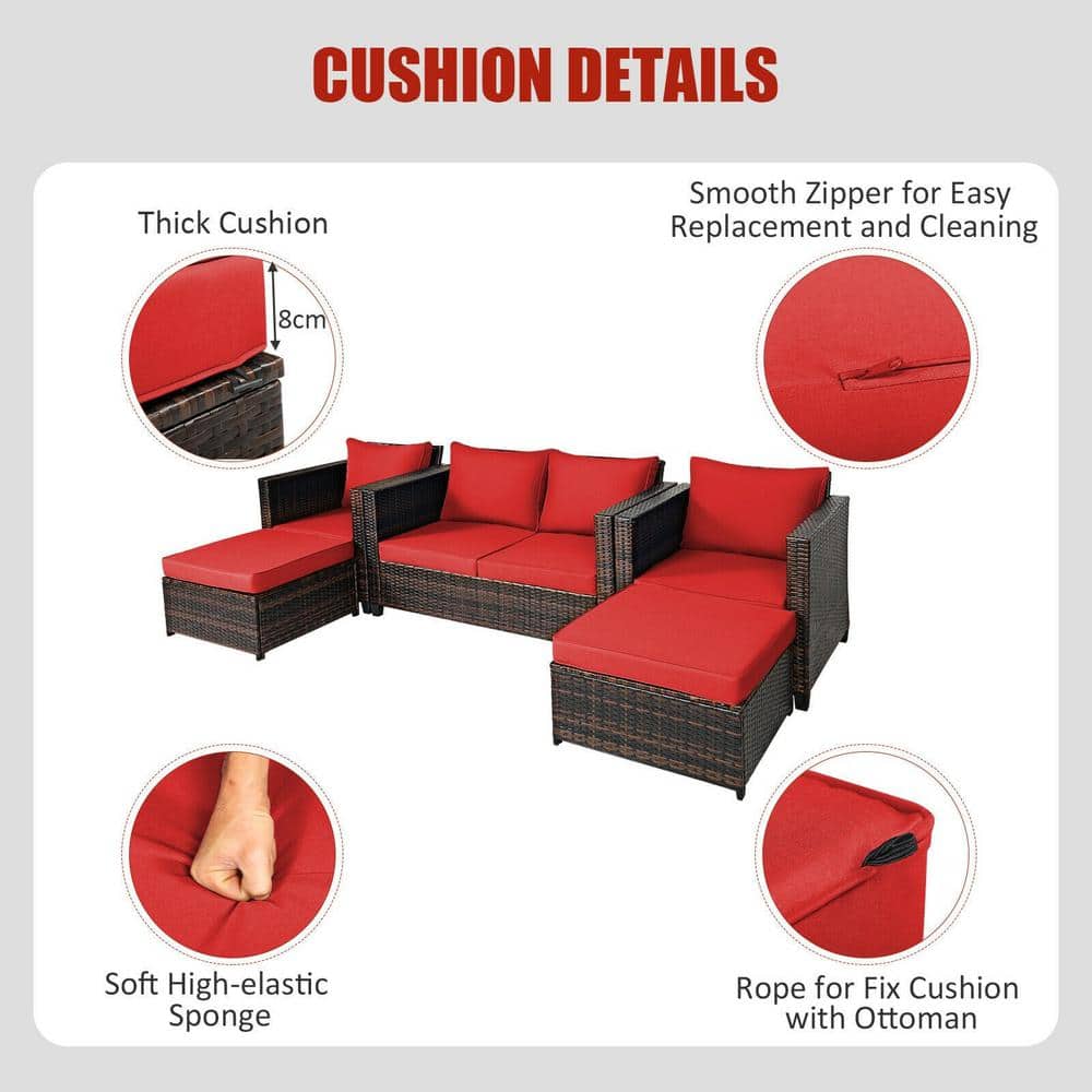5-Piece Red Cushioned Rattan Patio Furniture Set with Ottoman