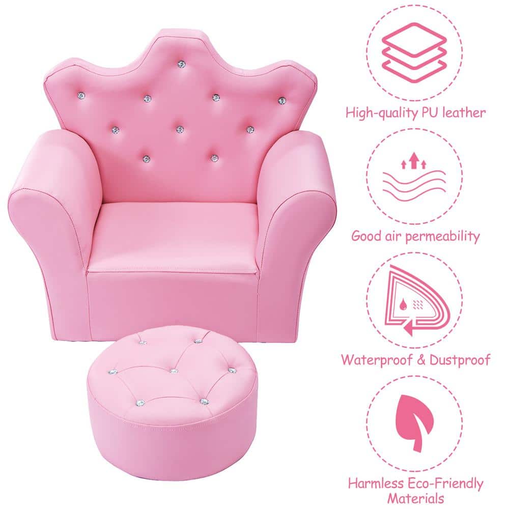 Pink Faux Leather Princess Armchair with Ottoman