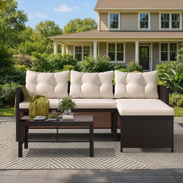 HOMMOW 3-Piece Wicker Outdoor Patio Conversation Set PE Rattan Sofa Set with Glass Table and Kakhi Cushions, Perfect for Garden