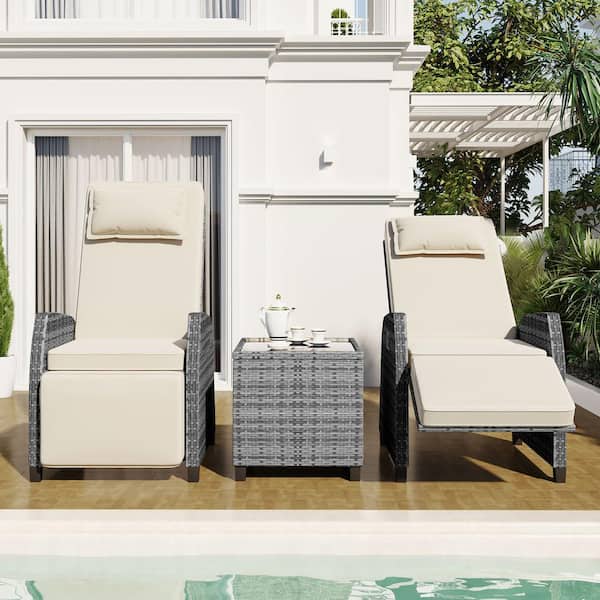 Boosicavelly 3-Piece Gray Wicker Outdoor Recliner with Beige Cushions and Coffee Table