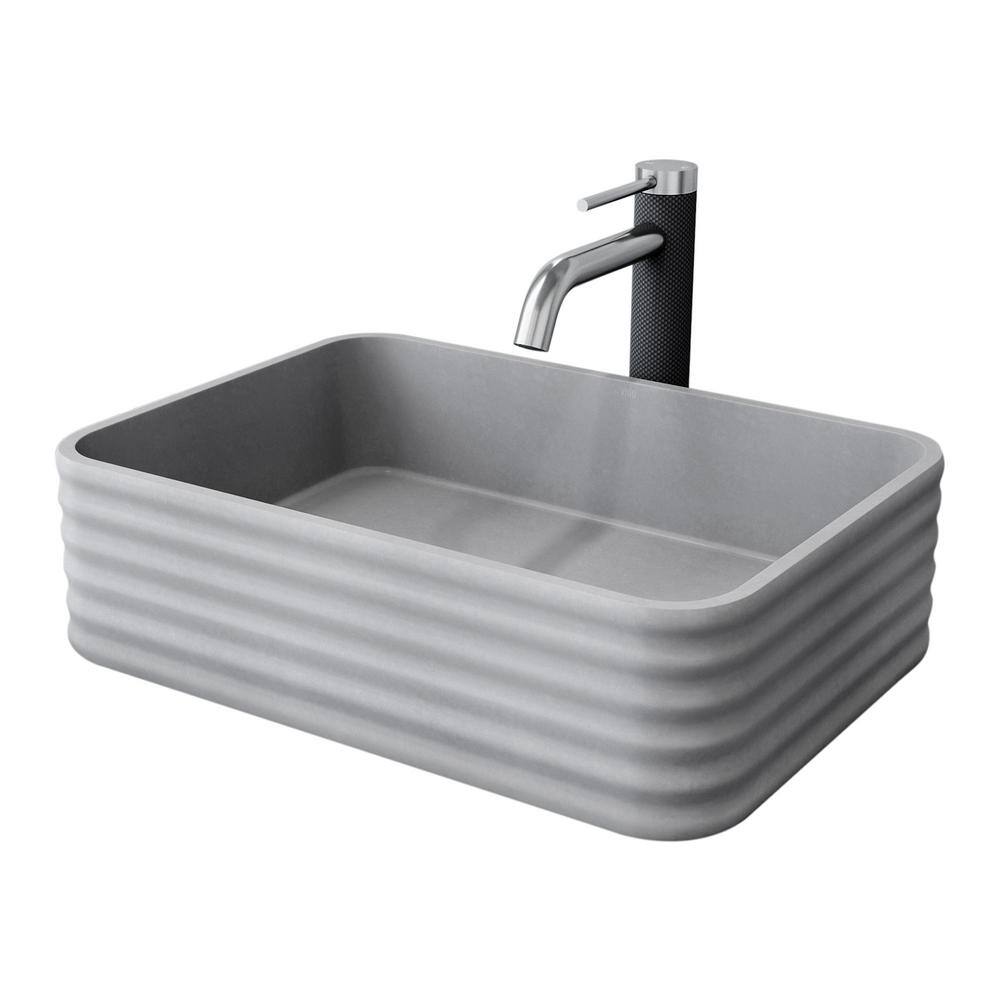 Gray Concrete Rectangular Vessel Sink with Brushed Nickel Faucet